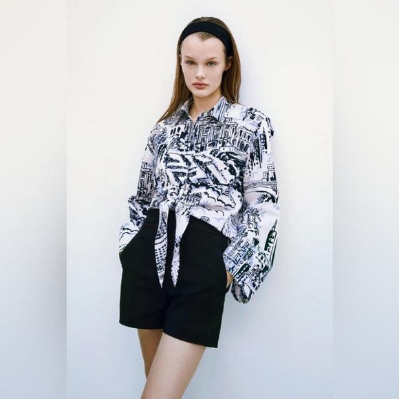 Zara Tied Button-down Shirt Size Small White Black Printed Top Flared Cuffs - Picture 4 of 11